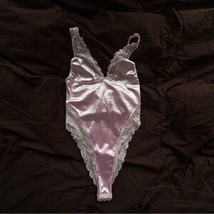 Urban Outfitters Pink Lace-Trimmed Satin Effect Bodysuit